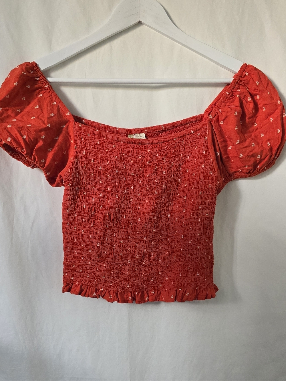 Japna Red Smocked Puff Sleeve Crop Top with Dainty Dot Detail Medium